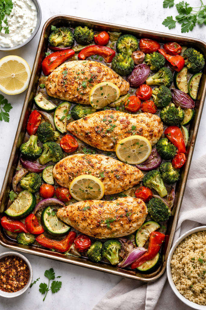 sheet pan lemon garlic chicken and roasted vegetables