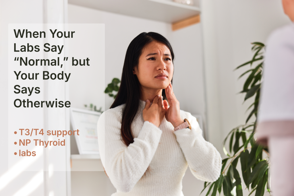 asian woman checking her thyroid inside